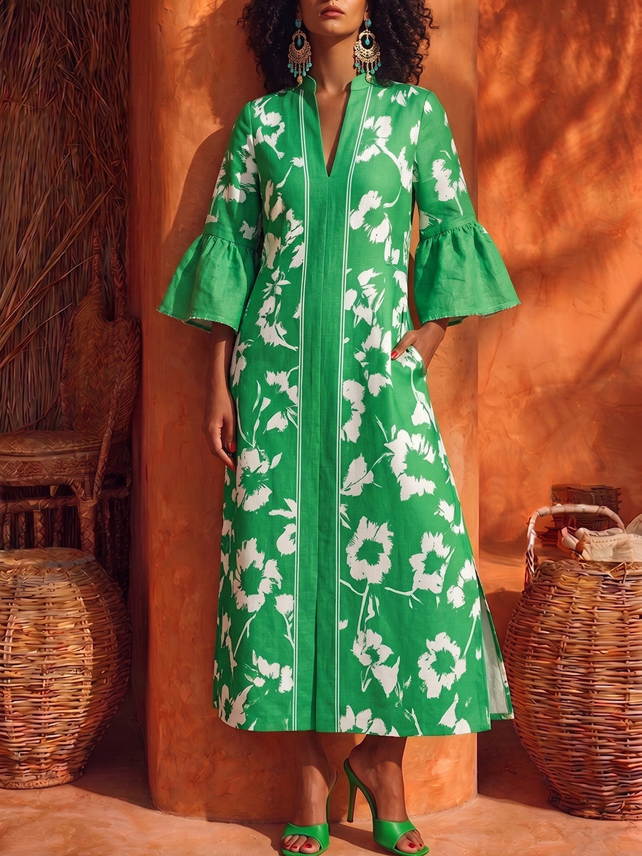 Elegante abito da vacanza in misto cotone e lino con stampa floreale