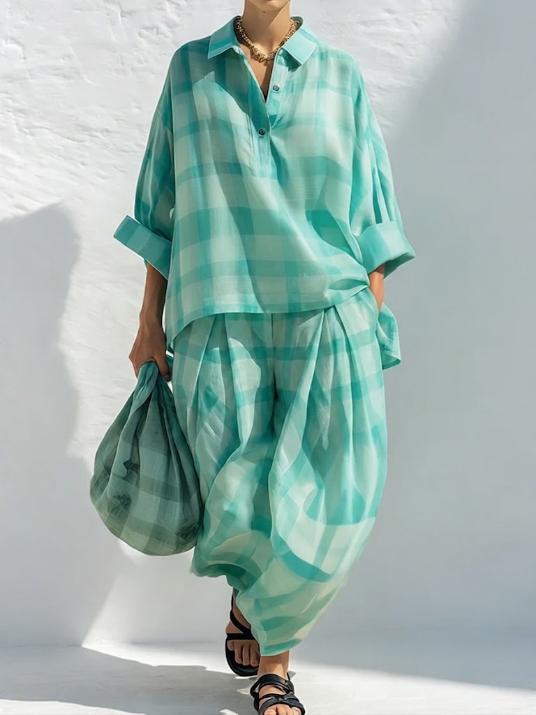 Completo casual a due pezzi in lino e cotone, composto da camicia a quadri e pantaloni a gamba larga.