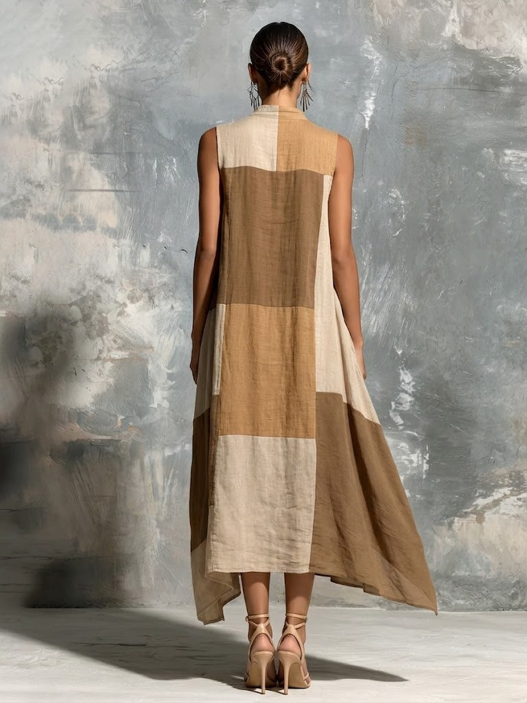 Abito casual senza maniche in lino e cotone con blocchi di colore.