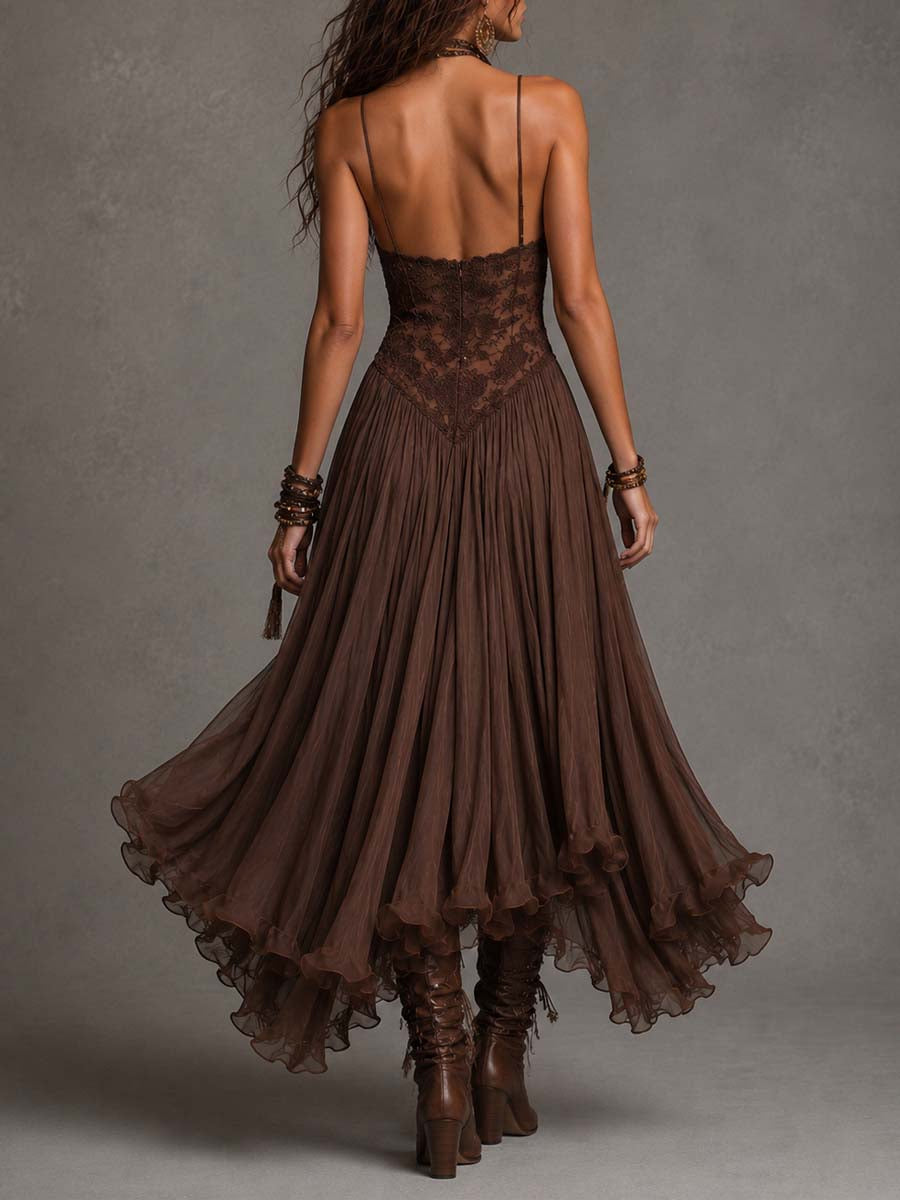 Abito lungo in chiffon marrone scuro con inserti in pizzo 🤎