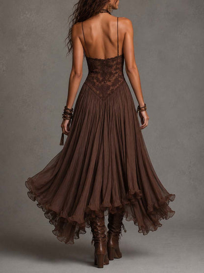 Abito lungo in chiffon marrone scuro con inserti in pizzo 🤎