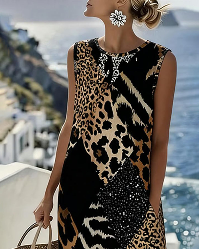 Abito a patchwork con stampa leopardata, senza maniche