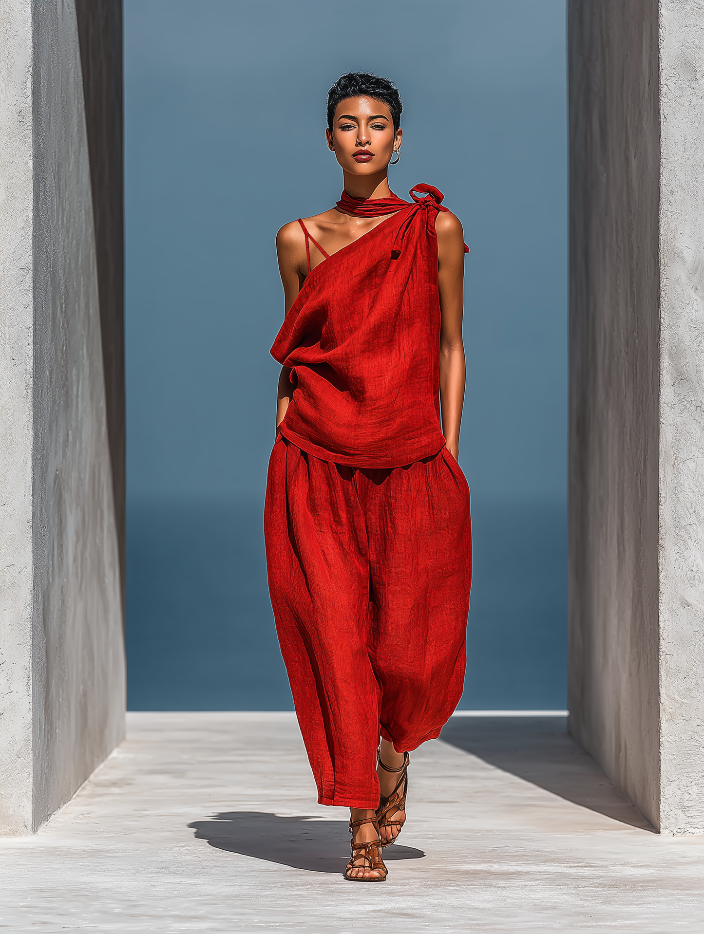Completo due pezzi da donna in misto lino rosso: top asimmetrico monospalla e pantaloni a gamba larga con tasche.