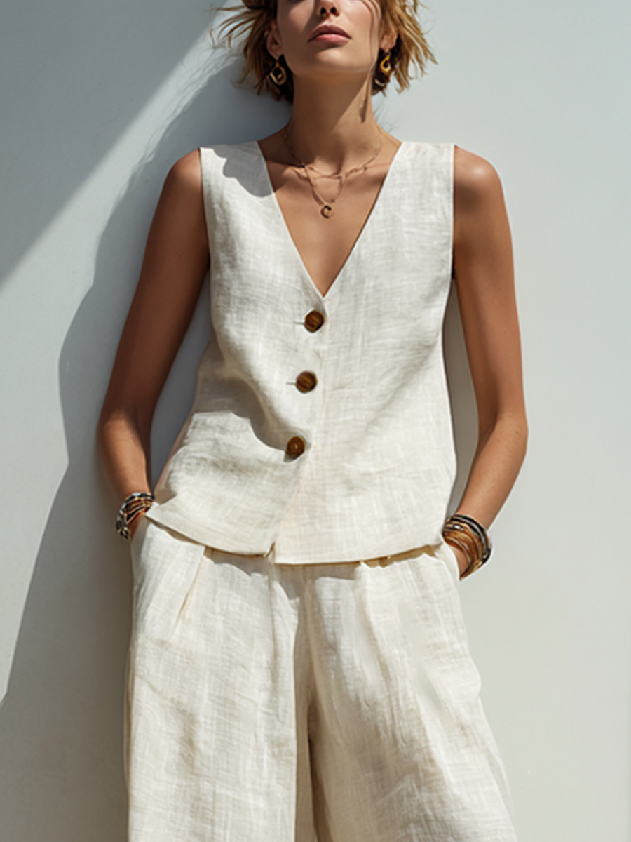 Completo minimalista da donna in misto cotone e lino con gilet abbottonato e pantaloni a gamba larga.