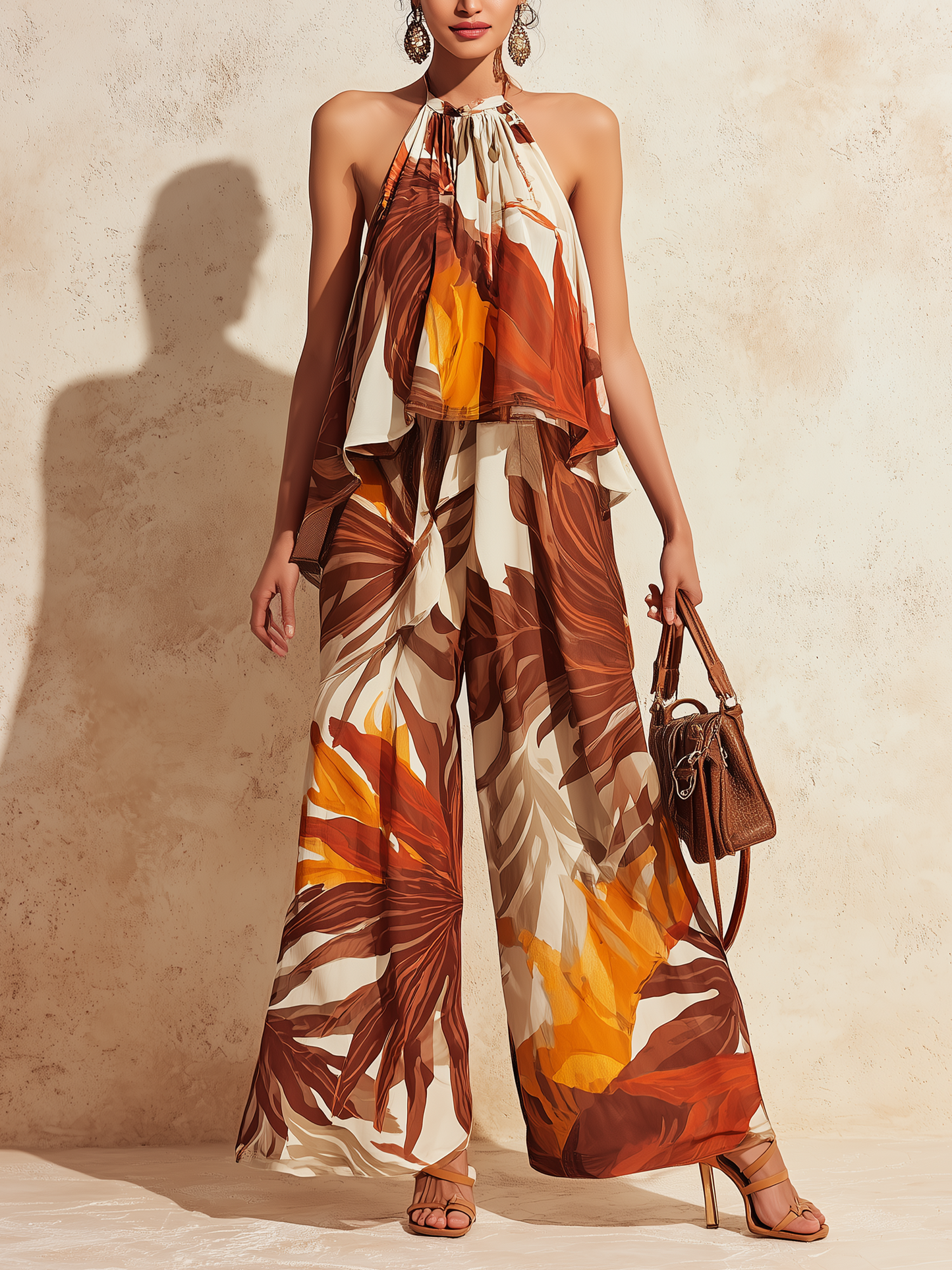 Completo composto da top all'americana e pantaloni a gamba larga con stampa di palme tropicali.