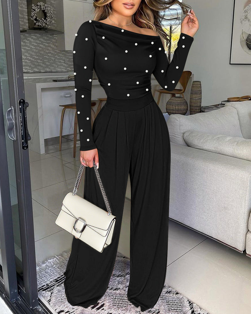 Tuta casual con collo obliquo, maniche lunghe, vita stretta, decorazioni a perle, arricciature, cerniera sul retro e gamba ampia ✨🖤