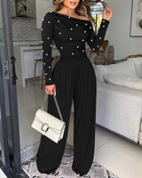 Tuta casual con collo obliquo, maniche lunghe, vita stretta, decorazioni a perle, arricciature, cerniera sul retro e gamba ampia ✨🖤