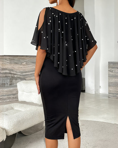 Abito da sera con scollo a V, spalle scoperte, spacco sulla schiena, decorazioni casual con strass e perle, volant asimmetrici e design a mantella in chiffon, effetto due pezzi ✨🖤