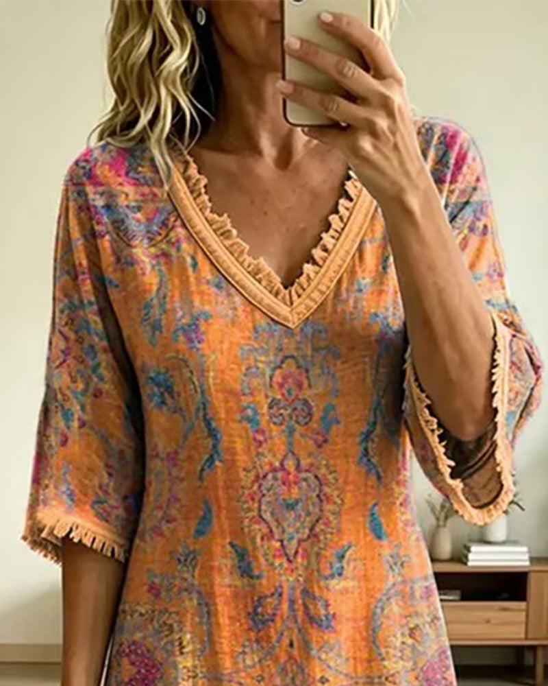 Abito vintage con scollo a V e stampa floreale