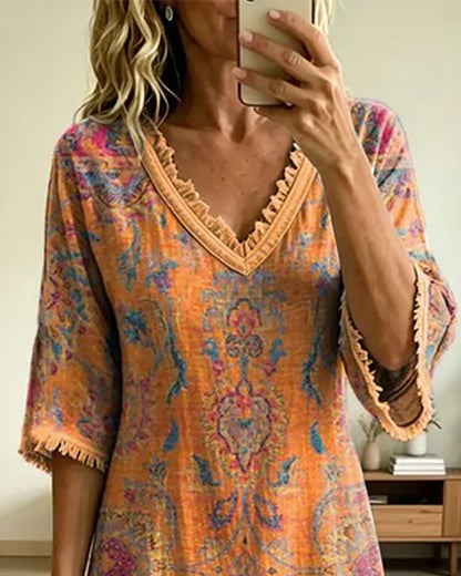Abito vintage con scollo a V e stampa floreale