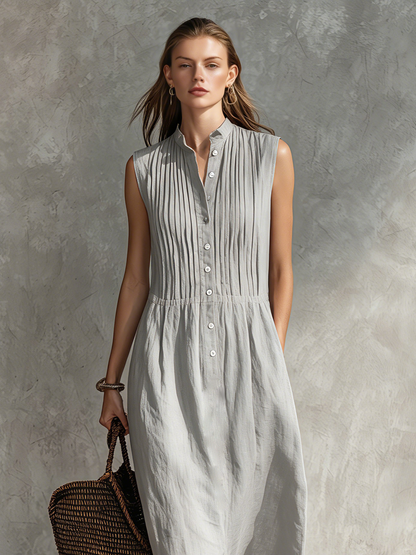 Abito midi casual da donna grigio in cotone e lino, senza maniche, con scollo rotondo.
