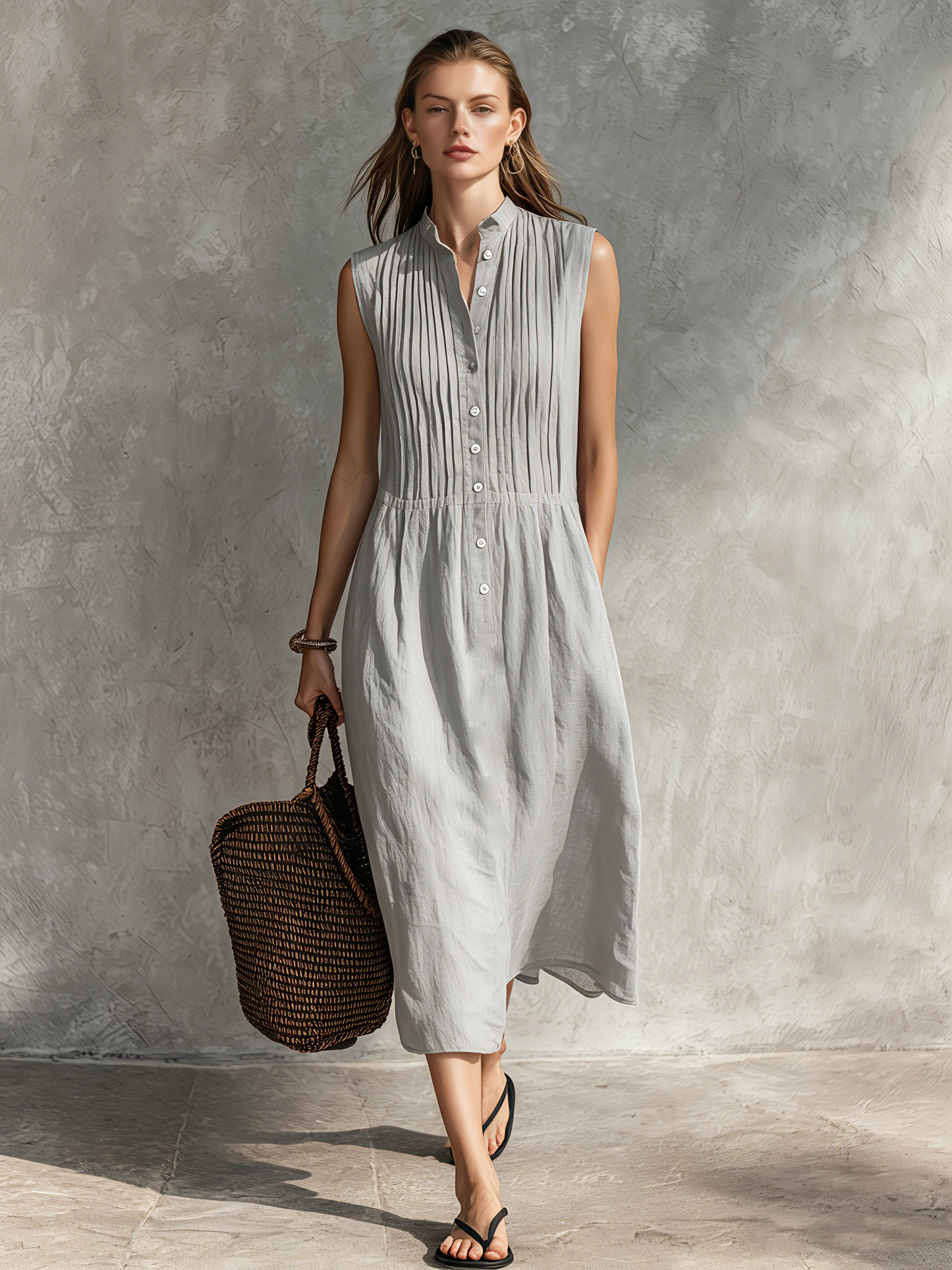 Abito midi casual da donna grigio in cotone e lino, senza maniche, con scollo rotondo.