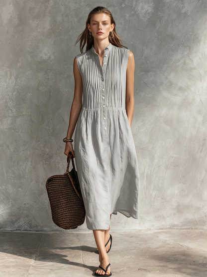 Abito midi casual da donna grigio in cotone e lino, senza maniche, con scollo rotondo.