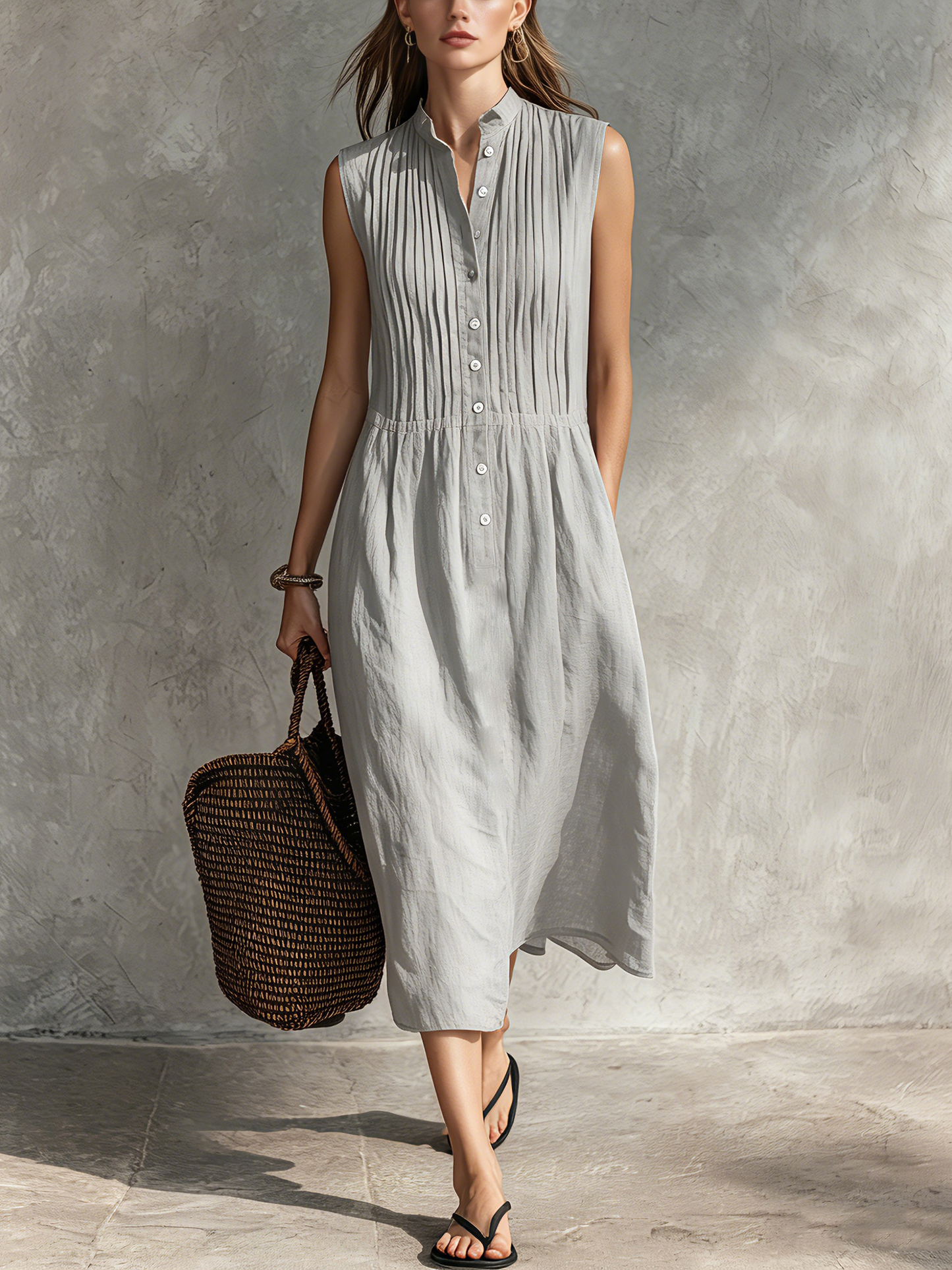 Abito midi casual da donna grigio in cotone e lino, senza maniche, con scollo rotondo.