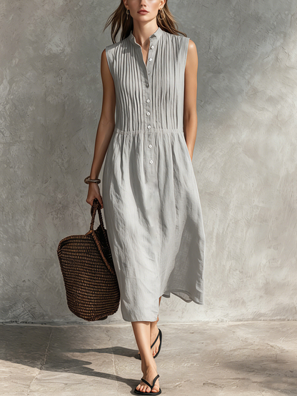 Abito midi casual da donna grigio in cotone e lino, senza maniche, con scollo rotondo.