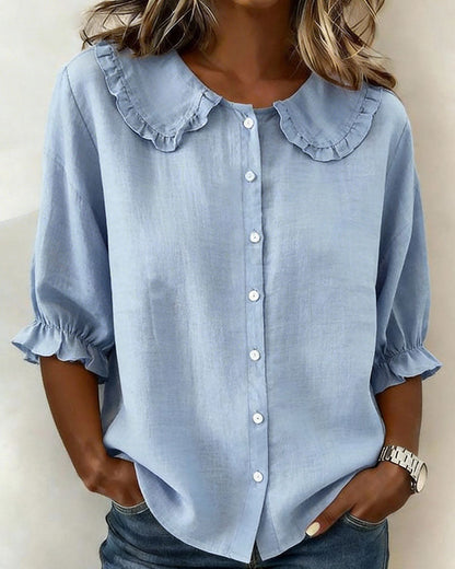 Camicia Peter in cotone e lino, colletto alla coreana, bordino a zigzag, abbottonatura frontale