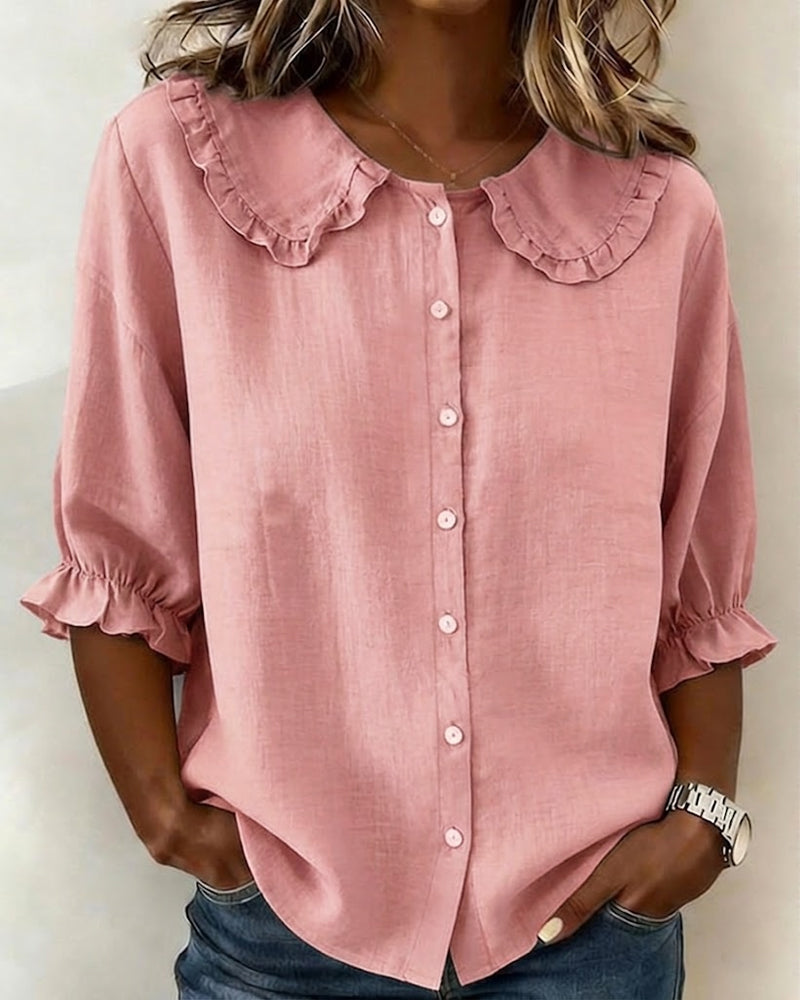 Camicia Peter in cotone e lino, colletto alla coreana, bordino a zigzag, abbottonatura frontale