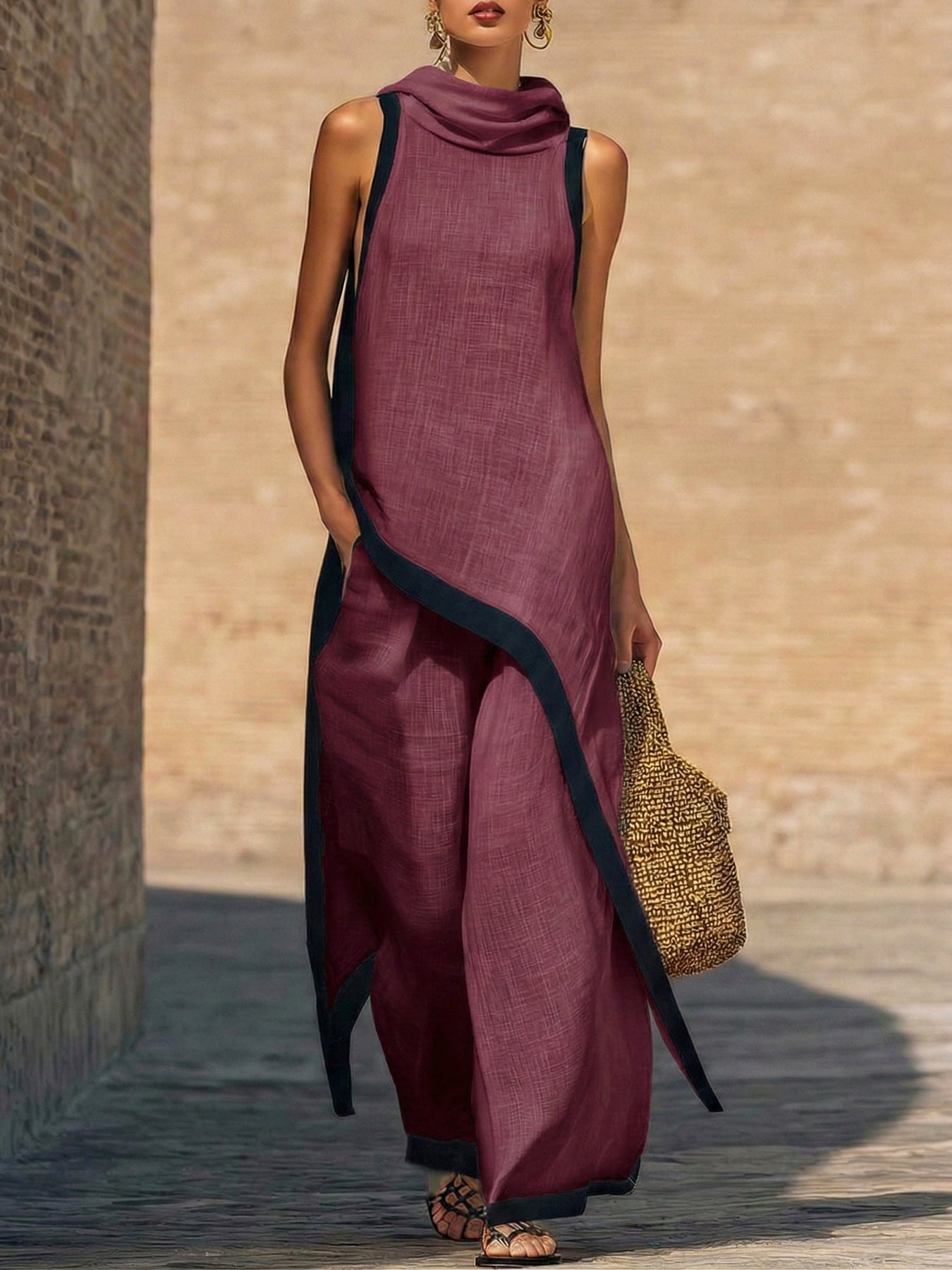 Maranta - Completo composto da tunica asimmetrica e pantaloni a gamba larga