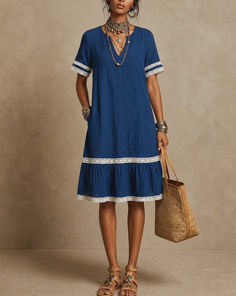 Abito con scollo a V e patchwork dritto