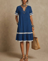 Abito con scollo a V e patchwork dritto