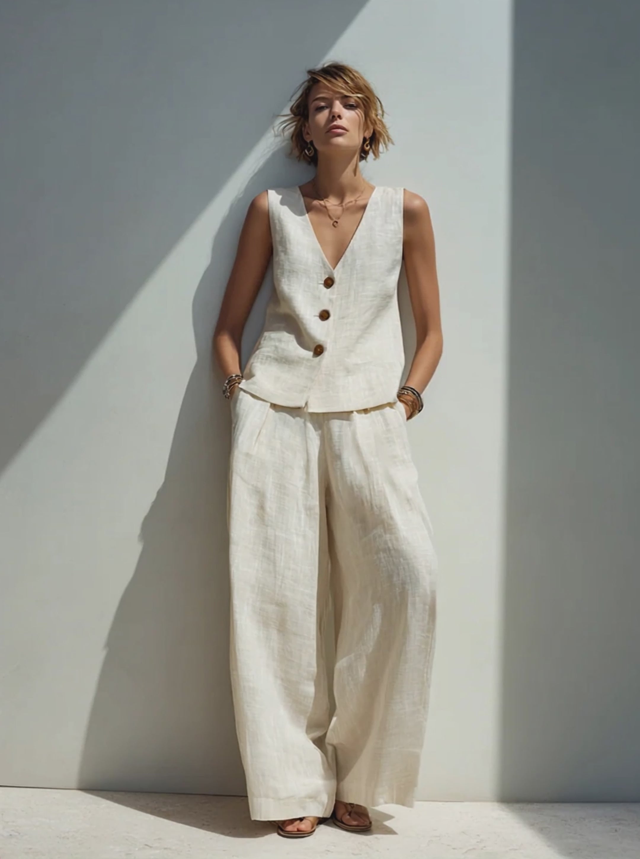 Completo minimalista da donna in misto cotone e lino con gilet abbottonato e pantaloni a gamba larga.