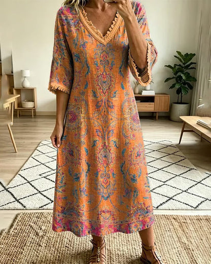 Abito vintage con scollo a V e stampa floreale