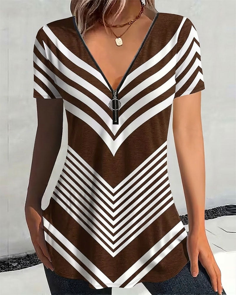 Maglietta con zip, scollo a V e righe