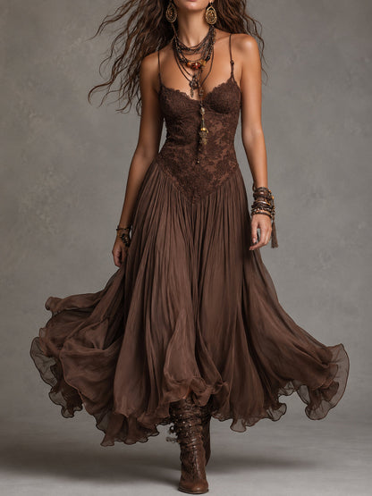 Abito lungo in chiffon marrone scuro con inserti in pizzo 🤎