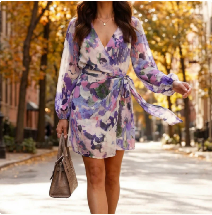 Abito corto da donna con scollo a V e stampa floreale.
