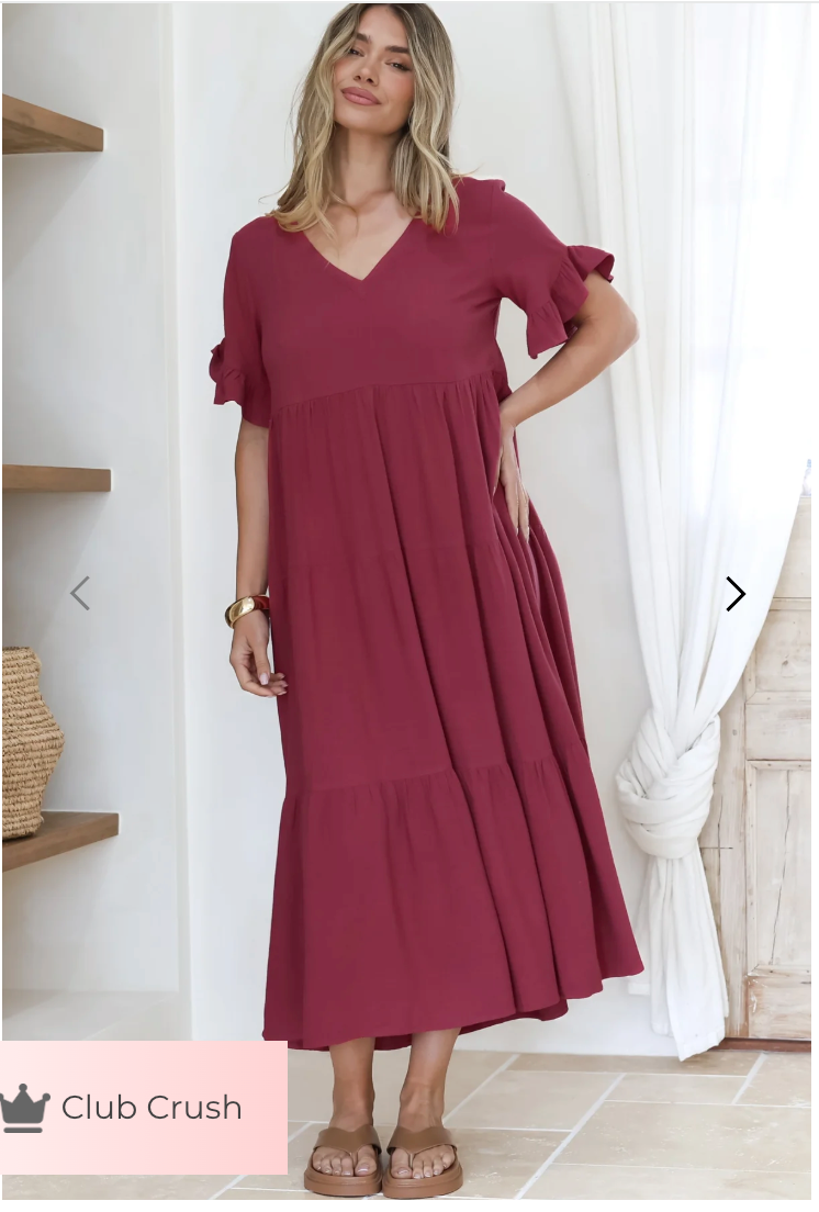 Abito midi Audrina - Abito in lino a balze con scollo a V e tasche, colore bordeaux