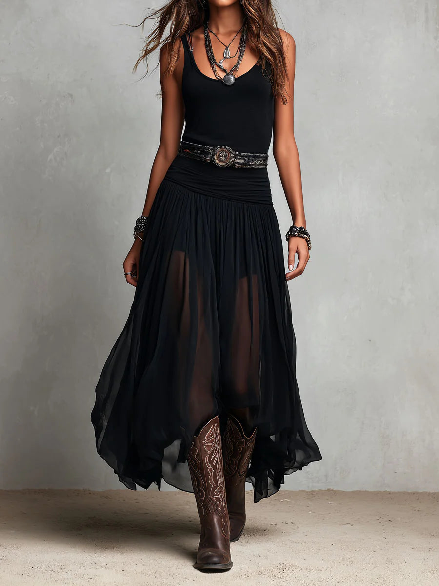 Abito lungo nero senza maniche con gonna in tulle (con cintura)