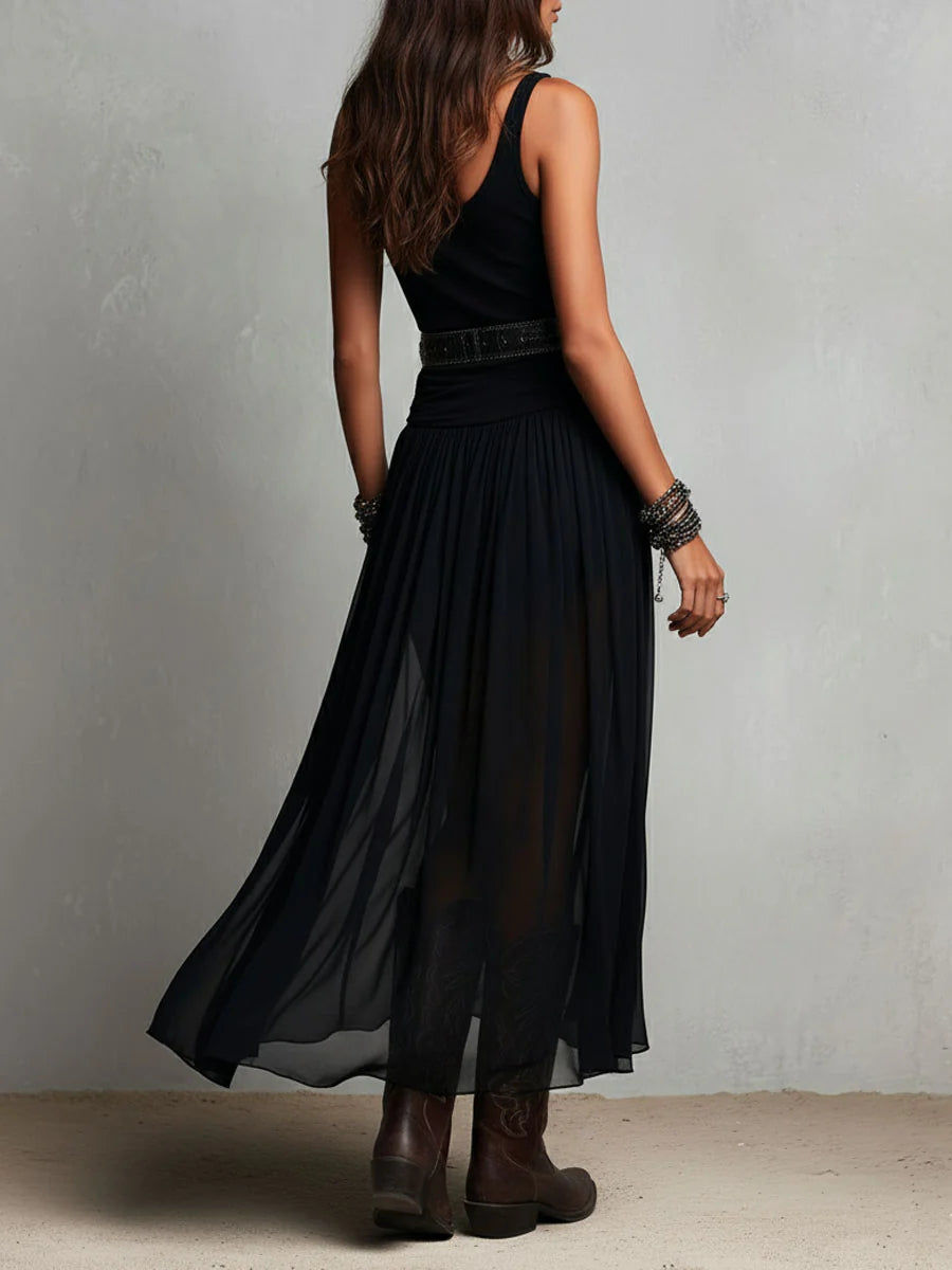Abito lungo nero senza maniche con gonna in tulle (con cintura)