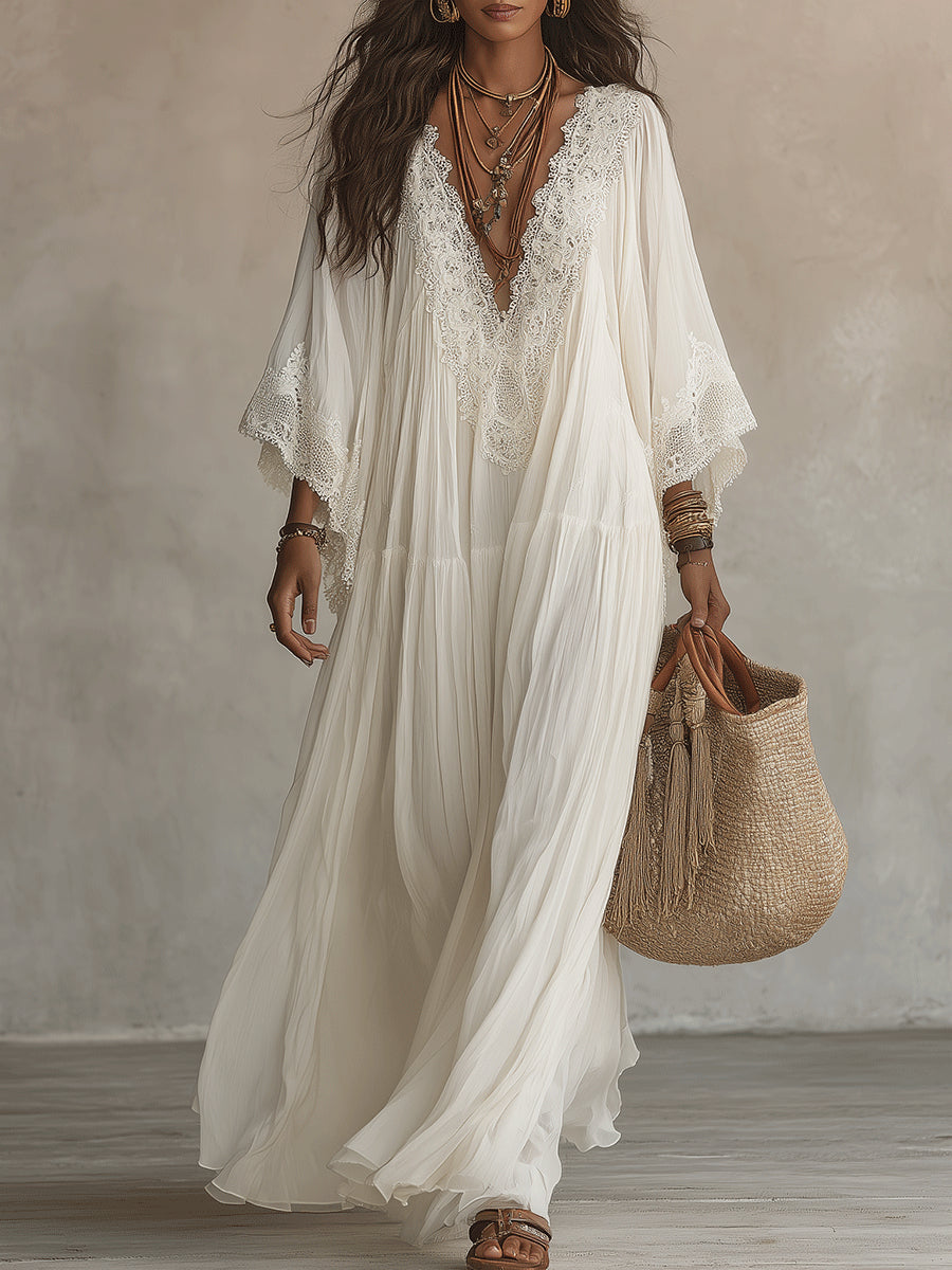 Abito lungo in chiffon bianco con scollo a V e maniche a pipistrello, in pizzo