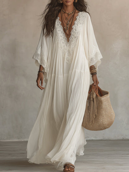 Abito lungo in chiffon bianco con scollo a V e maniche a pipistrello, in pizzo