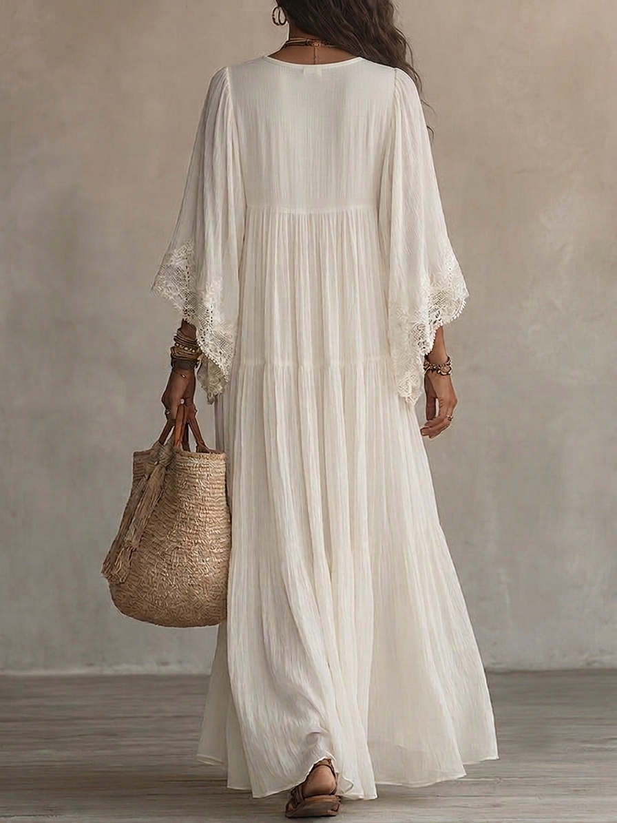 Abito lungo in chiffon bianco con scollo a V e maniche a pipistrello, in pizzo