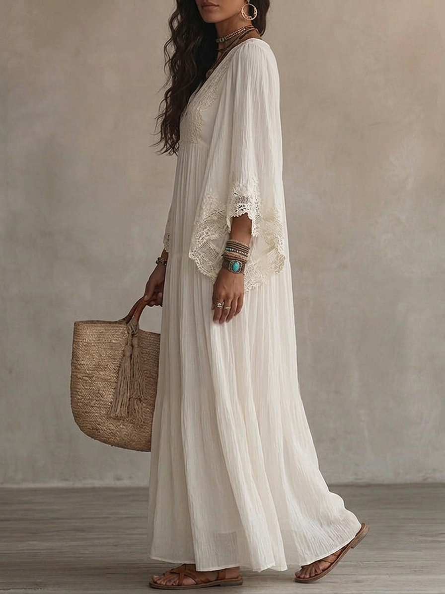 Abito lungo in chiffon bianco con scollo a V e maniche a pipistrello, in pizzo