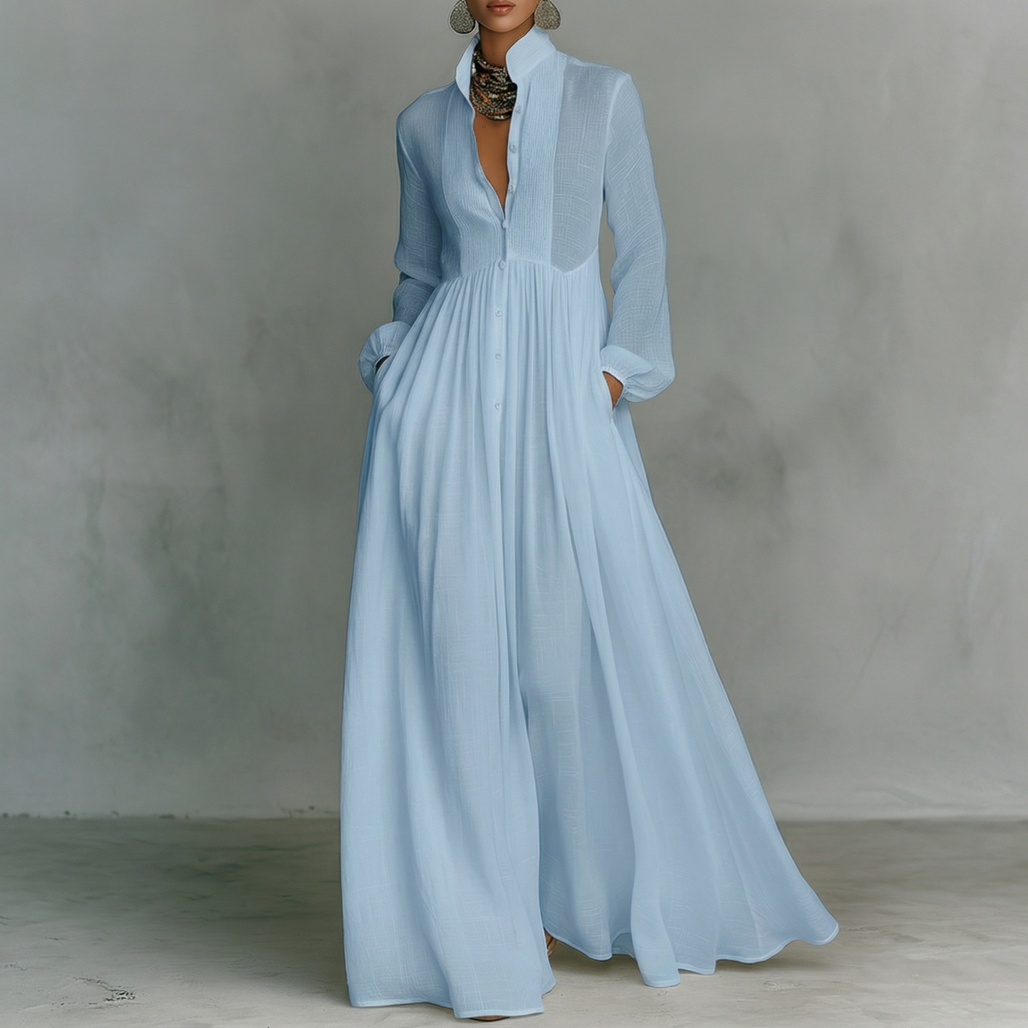 Maxi Minimalista in Cotone e Lino con Patchwork, Collo Alto e Maniche Lunghe 🤍