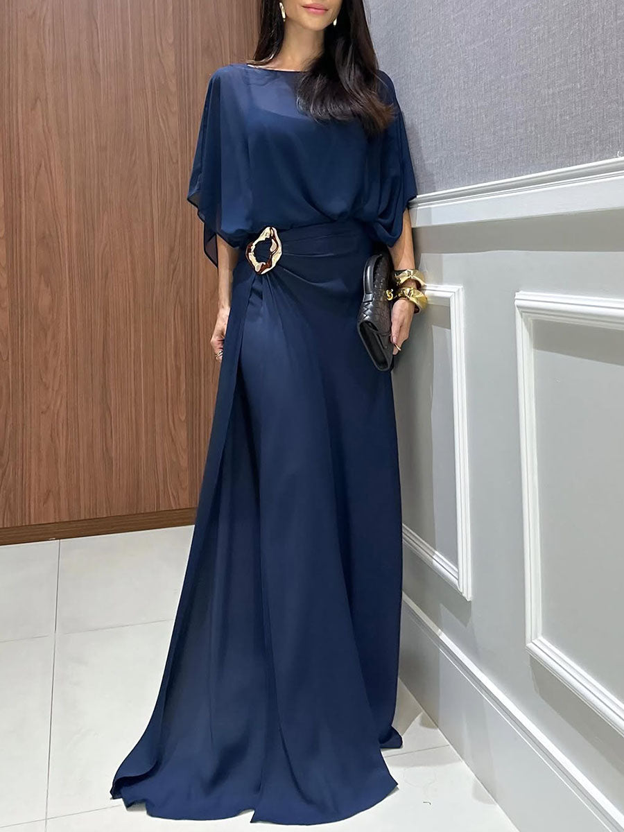 Set composto da top casual ampio in chiffon con scollo rotondo e maniche a 3/4 e pantaloni a vita alta a gamba larga