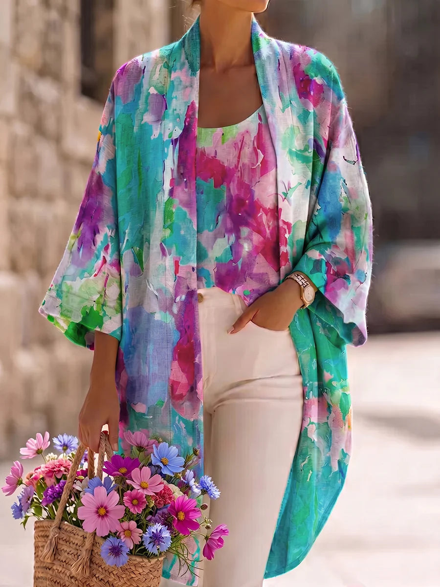 Set due pezzi composto da cardigan e gilet in cotone-lino con stampa artistica ad acquerello 💚🥰
