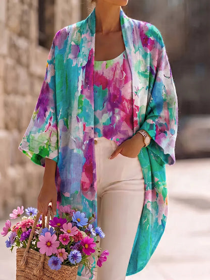 Set due pezzi composto da cardigan e gilet in cotone-lino con stampa artistica ad acquerello 💚🥰