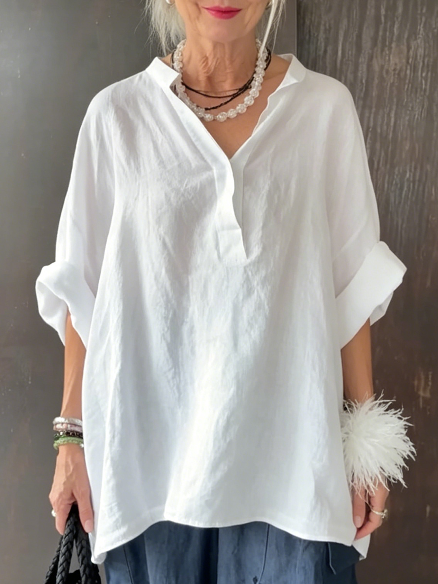 Comoda camicia minimalista con scollo a V in misto cotone e lino