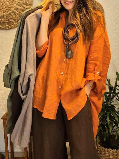 Camicia ampia in misto cotone e lino, con collo a camicia e maniche lunghe