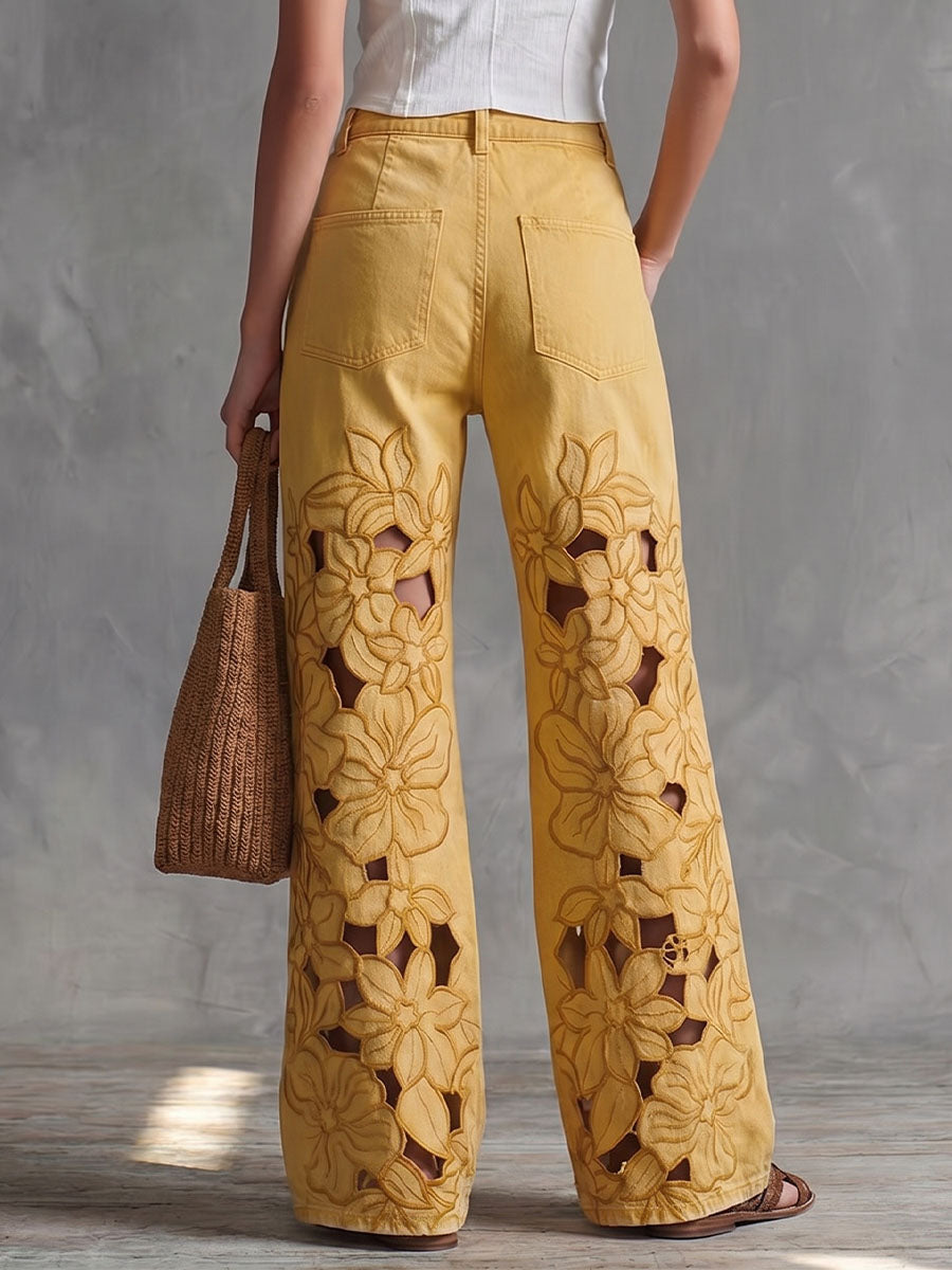 Pantaloni da donna a vita alta, casual, a gamba larga, con ricami traforati.