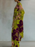 Completo casual ed elegante con stampa floreale retrò, maniche a 3/4, in cotone e lino.