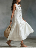 Abito lungo in cotone e lino con stampa libellula in stile boho retrò