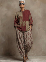 Set due pezzi composto da top e pantaloni in lino e cotone con stampa Paisley in stile bohémien