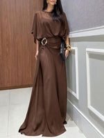 Set composto da top casual ampio in chiffon con scollo rotondo e maniche a 3/4 e pantaloni a vita alta a gamba larga