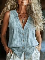 Camicia senza maniche in misto cotone e lino con ricami in pizzo