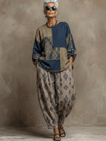 Set due pezzi composto da top e pantaloni in lino e cotone con stampa Paisley in stile bohémien