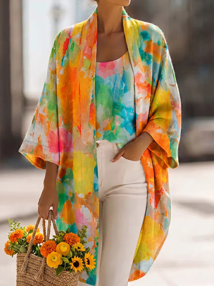 Set due pezzi composto da cardigan e gilet in cotone-lino con stampa artistica ad acquerello 💚🥰